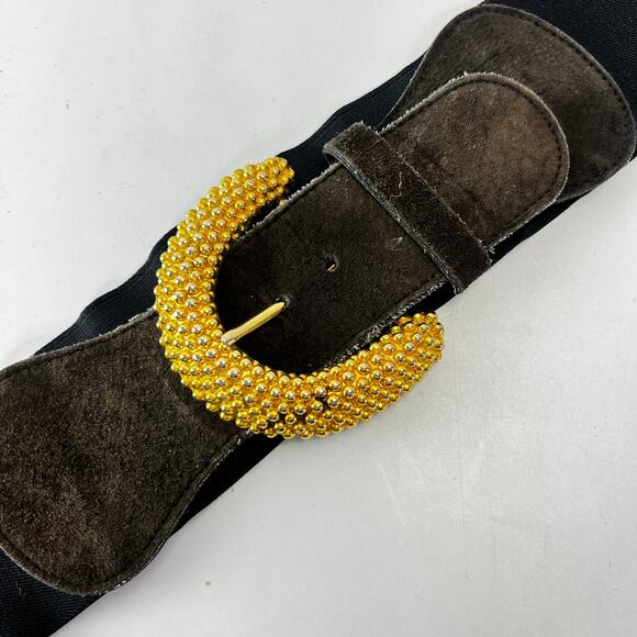 Vintage 80\'s Express Wide Stretch Belt Gold Buckle Suede Leather Size M main image 5